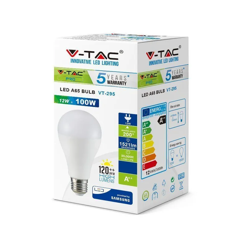 Żarówka LED V-TAC SAMSUNG CHIP 12W E27 A65 VT-295 6400K 1521LM 5 Lat Gwarancji