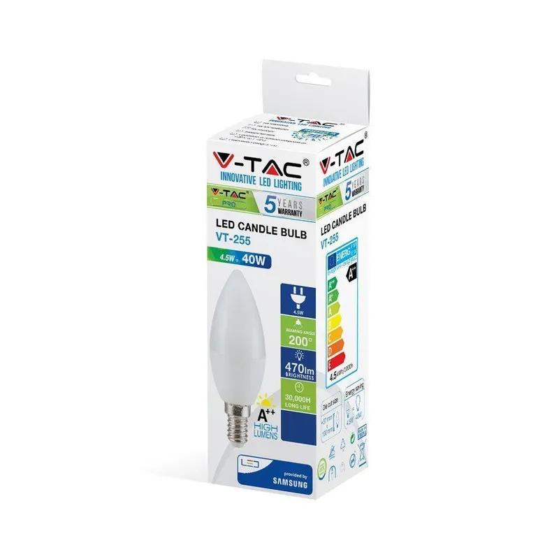 Żarówka LED V-TAC SAMSUNG CHIP 4.5W E14 Świeczka VT-255 4000K 470LM 5 Lat Gwarancji