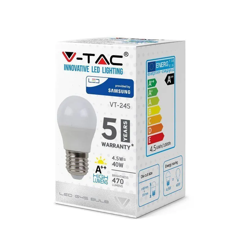 Żarówka LED V-TAC SAMSUNG CHIP 4.5W E27 Kulka G45 VT-245 4000K 470LM 5 Lat Gwarancji