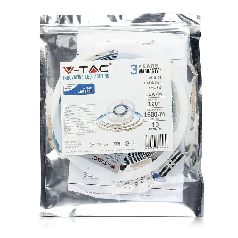 Taśma LED V-TAC SAMSUNG CHIP 2835 1200LED 24V IP20 10mb 15W/M VT-10-240 4000K 1600LM 3 Lata Gwarancji