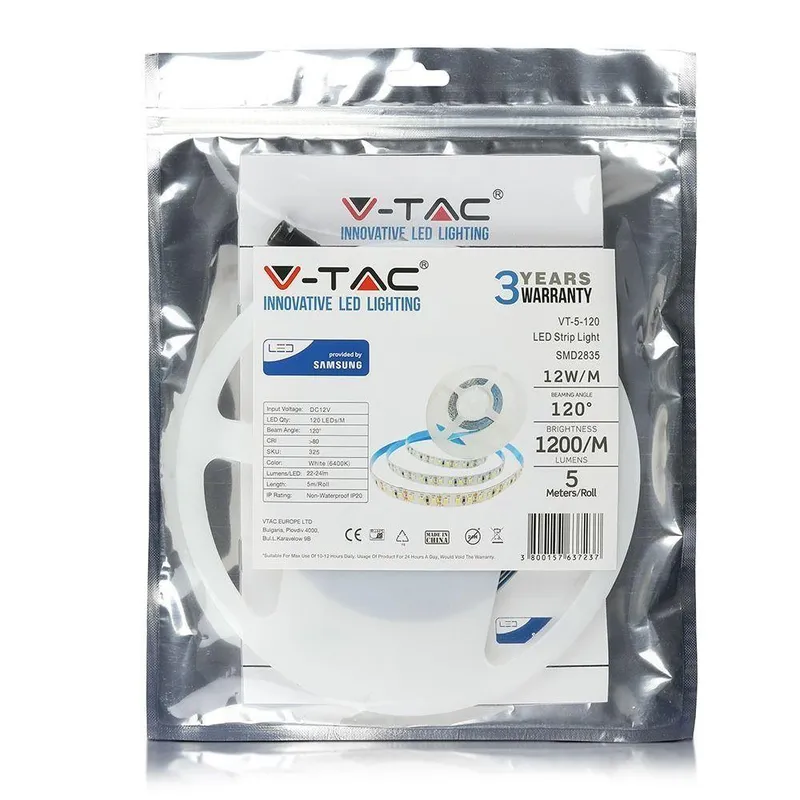 Taśma LED V-TAC SAMSUNG CHIP 2835 600LED 12V IP20 12W/M VT-5-120 6000K 1200LM 3 Lata Gwarancji