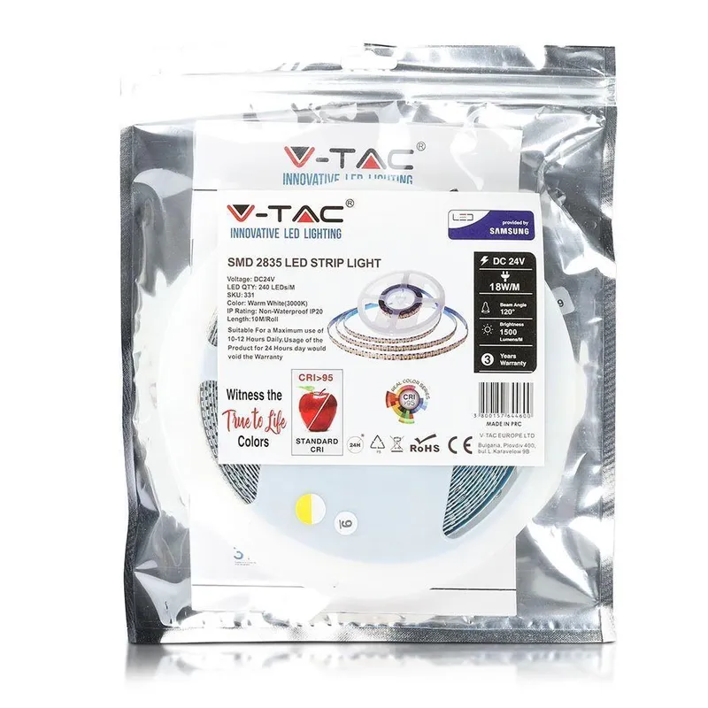 Taśma LED V-TAC SAMSUNG CHIP 2835 1200LED 24V IP20 CRI95+10MB 18W/M VT-10-240-1 6000K 1500LM 3 Lata Gwarancji