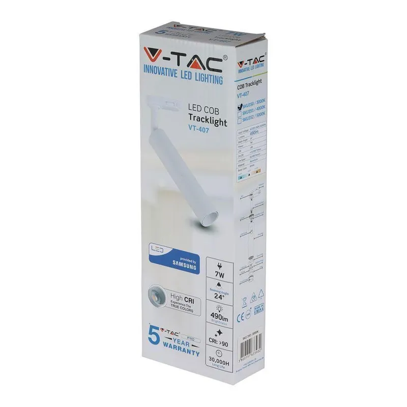 Oprawa 7W LED V-TAC Szynoprzewód 3F SAMSUNG CHIP CRI90+BIAŁA VT-407 3000K 420LM 5 Lat Gwarancji