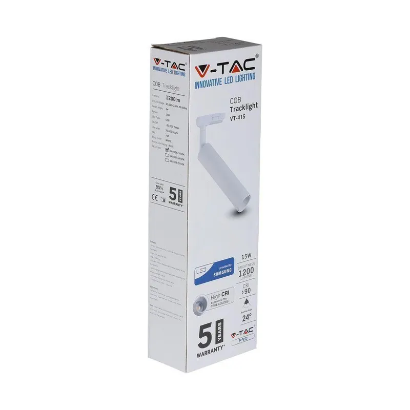 Oprawa 15W LED V-TAC Szynoprzewód 3F SAMSUNG CHIP CRI90+BIAŁA VT-415-W 5000K 1200LM 5 Lat Gwarancji
