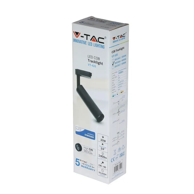 Oprawa 20W LED V-TAC Szynoprzewód 3F SAMSUNG CHIP CRI90+CZARNA VT-420-B 5000K 1600LM 5 Lat Gwarancji
