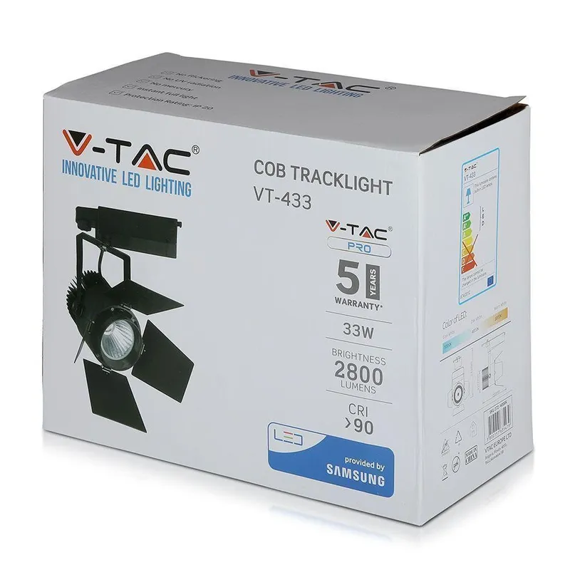 Oprawa 33W LED V-TAC Szynoprzewód 3F SAMSUNG CHIP CRI90+CZARNA VT-433-B 5000K 2800LM 5 Lat Gwarancji
