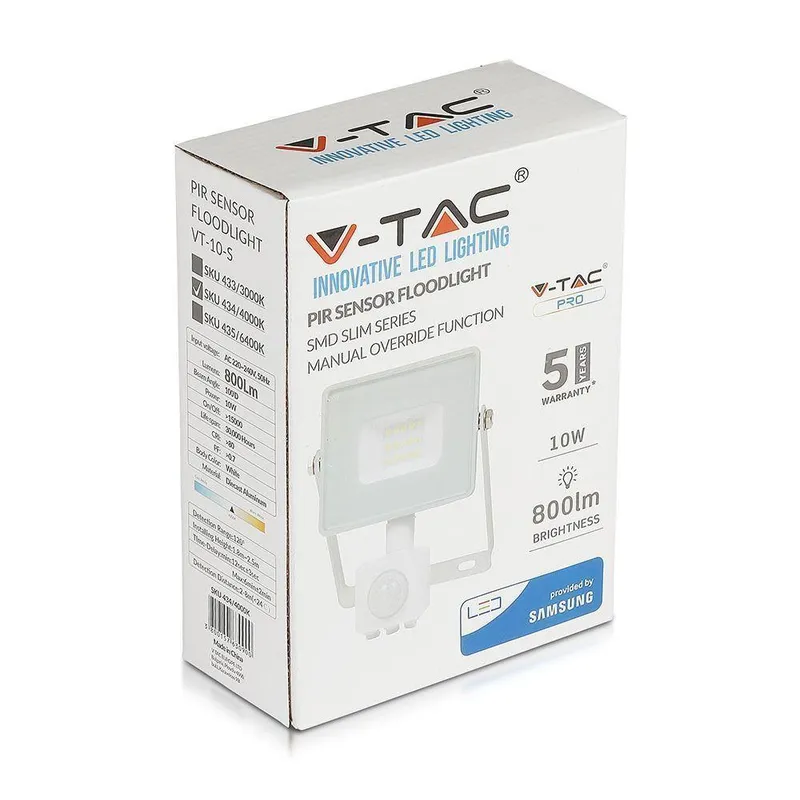 Naświetlacz LED V-TAC 10W SAMSUNG CHIP Czujnik Ruchu Funkcja Cut-OFF VT-10-S-W 4000K 800LM 5 Lat Gwarancji - Biały