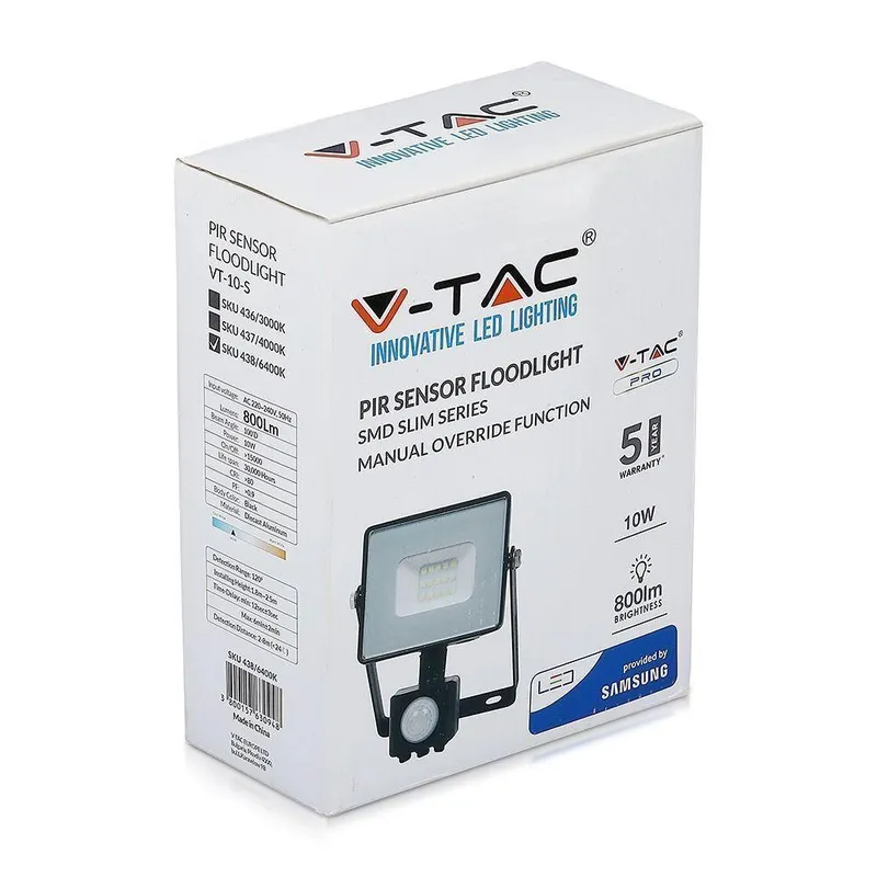Naświetlacz LED V-TAC 10W SAMSUNG CHIP Czujnik Ruchu Funkcja Cut-OFF VT-10-S-B 3000K 800LM 5 Lat Gwarancji - Czarny