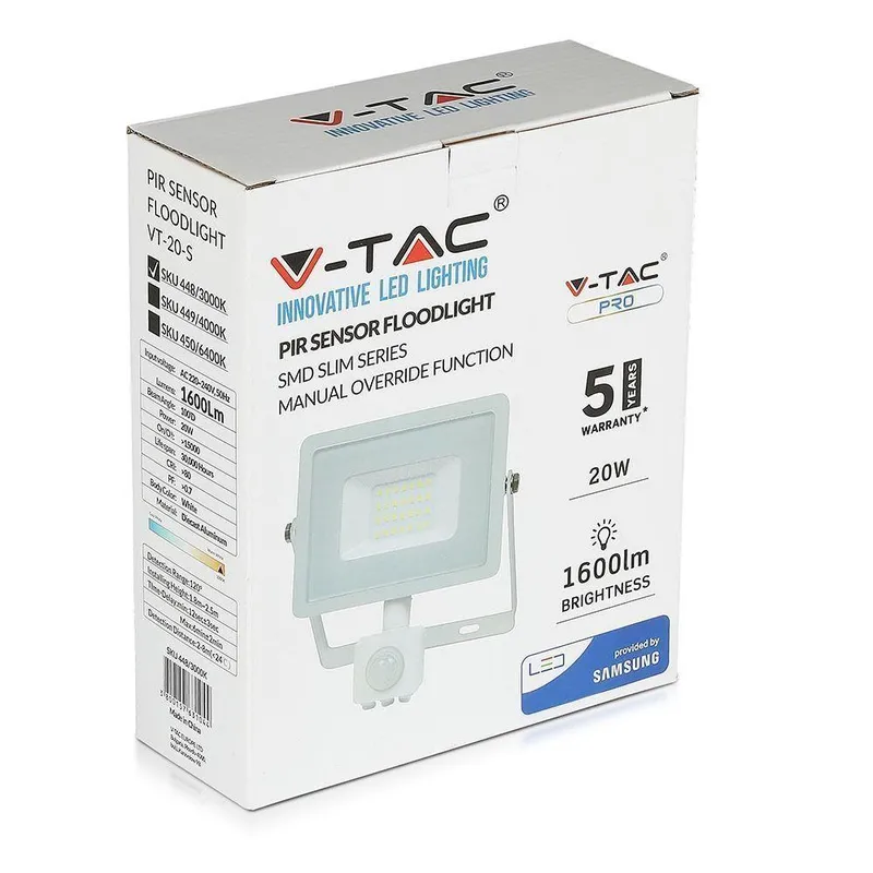 Naświetlacz LED V-TAC 20W SAMSUNG CHIP Czujnik Ruchu Funkcja Cut-OFF VT-20-S-B 4000K 1600LM 5 Lat Gwarancji - Biały