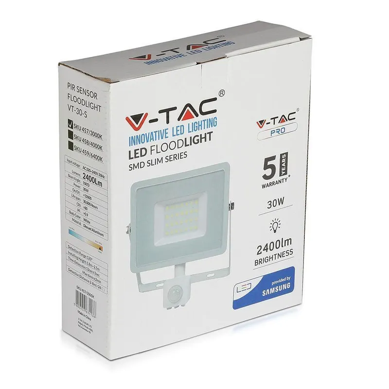 Naświetlacz LED V-TAC 30W SAMSUNG CHIP Czujnik Ruchu Funkcja Cut-OFF VT-30-S-W 4000K 2400LM 5 Lat Gwarancji - Biały