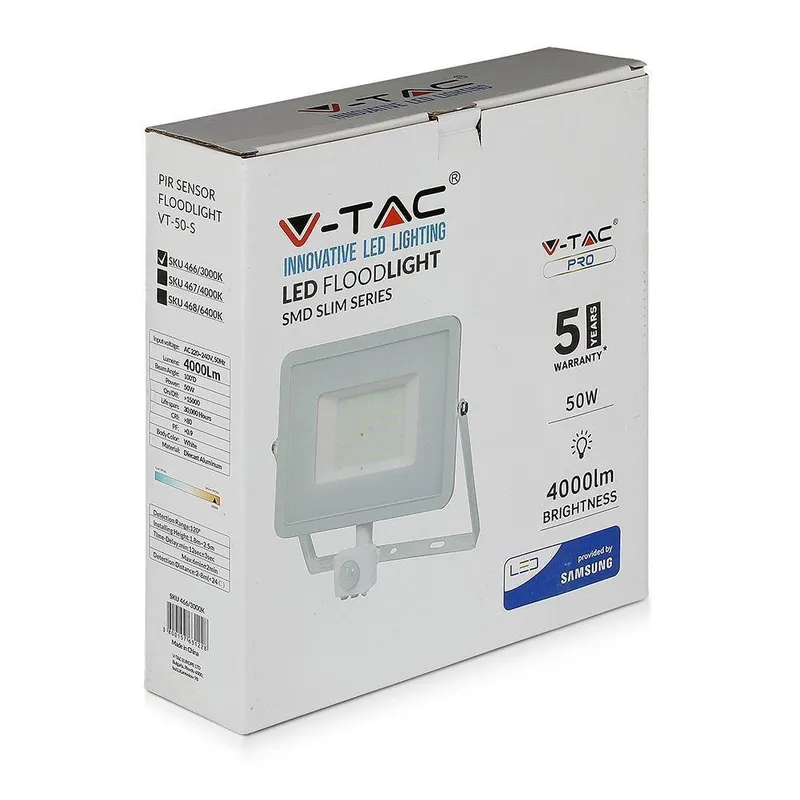 Naświetlacz LED V-TAC 50W SAMSUNG CHIP Czujnik Ruchu Funkcja Cut-OFF VT-50-S-W 3000K 4000LM 5 Lat Gwarancji - Biały