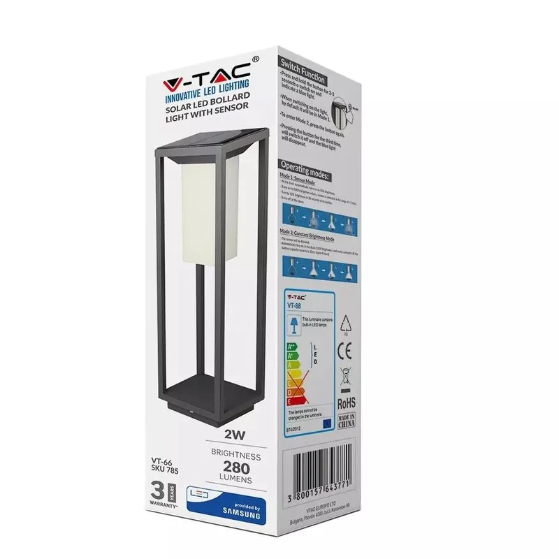 Słupek Ogrodowy Solarny V-TAC 4W LED SAMSUNG CHIP 2-FUNKCJE IP65 VT-66 3000K 280LM 3 Lata Gwarancji - Szary