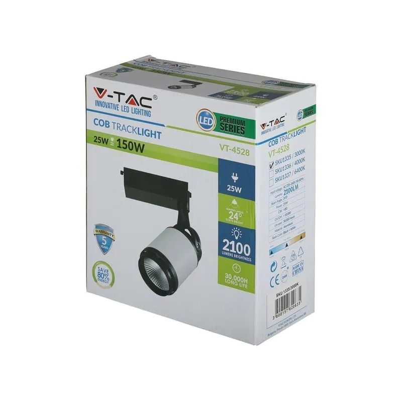 Oprawa LED V-TAC Szynoprzewód 3F 25W 24ST Czarny Biały VT-4528 6400K 2100LM