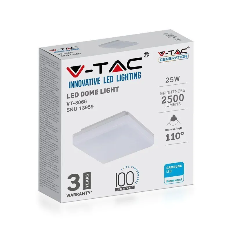 Oprawa Sufitowa Plafoniera Kwadratowa V-TAC 25W LED SAMSUNG CHIP 30x30cm IP44 100LM/W VT-8066SQ 3000K 2500LM 3 Lata Gwarancji