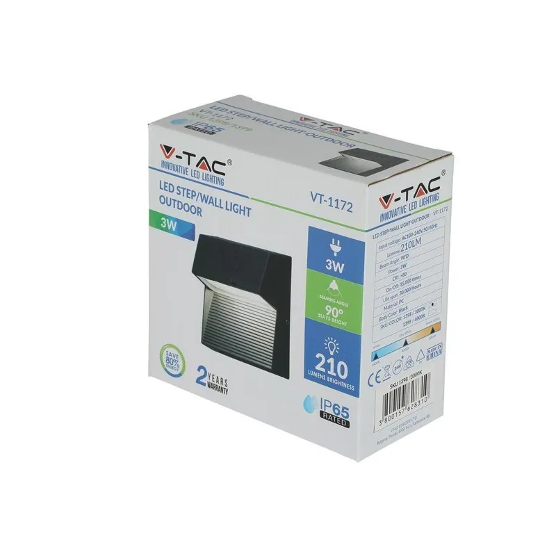 Oprawa Ścienna Elewacyjna 3W LED V-TAC Kwadrat 230V IP65 VT-1172-B 4000K 210LM - Czarny