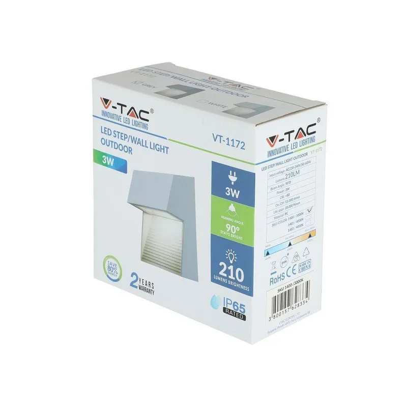 Oprawa Ścienna Elewacyjna 3W LED V-TAC Kwadrat 230V IP65 VT-1172-G 4000K 210LM - Szary