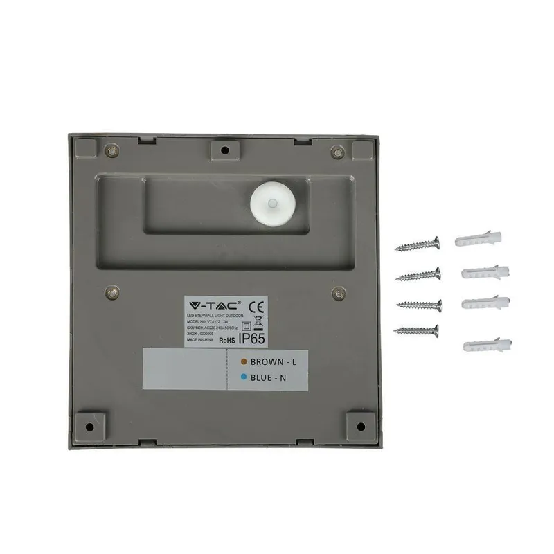 Oprawa Ścienna Elewacyjna 3W LED V-TAC Kwadrat 230V IP65 VT-1172-G 4000K 210LM - Szary