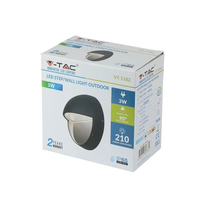 Oprawa Ścienna Elewacyjna 3W LED V-TAC Okrągła 230V IP65 VT-1182-B 4000K 210LM - Czarna