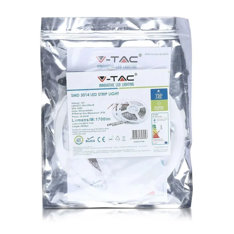 Taśma LED V-TAC 12V SMD3014 1020LED IP20 18W/M VT-3014 4000K 1700LM