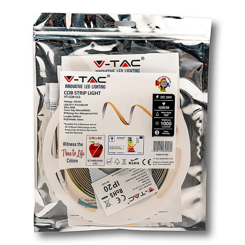 Taśma LED V-TAC Bezpunktowa COB 512LED 24V CRI90+12W/M VT-COB 4000K 1000LM 3 Lata Gwarancji