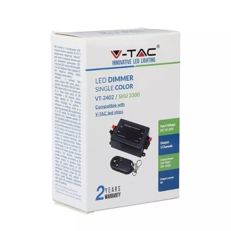 Sterownik Ściemniacz Taśm LED Jednokolorowych RF Radiowy V-TAC 12V/96W 24V/192W 8A VT-4083