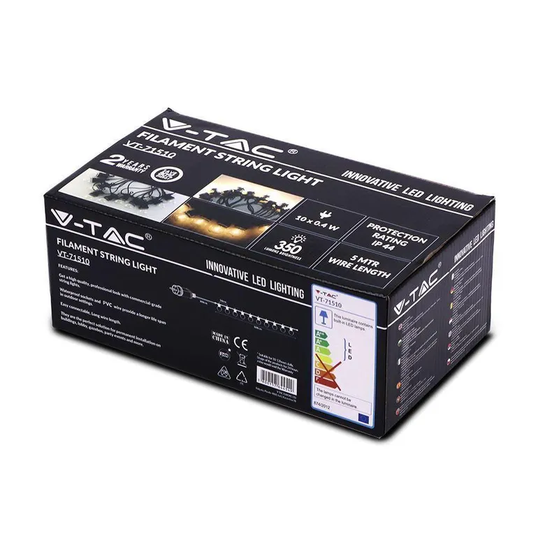 Girlanda Ogrodowa V-TAC (Sznur) 6W LED 5 Metrów 10 Żarówek 0,4W Filament VT-71510 3000K 350LM