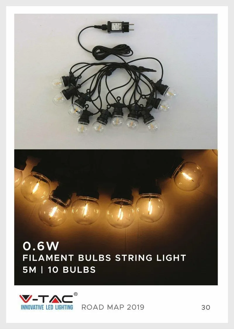 Girlanda Ogrodowa V-TAC (Sznur) 6W LED 5 Metrów 10 Żarówek 0,4W Filament VT-71510 3000K 350LM