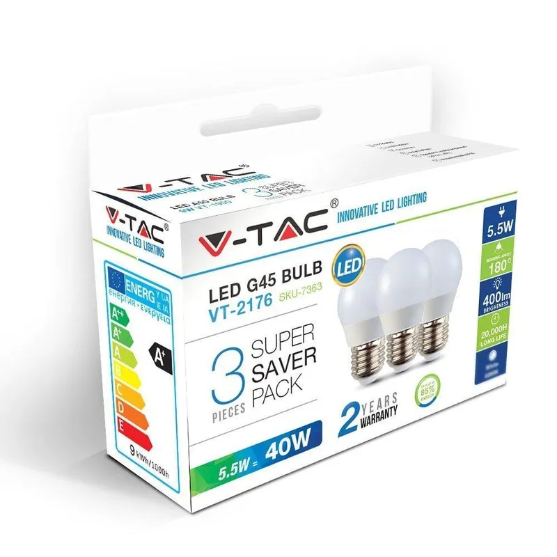 Żarówka LED V-TAC 5.5W E27 G45 P45 Kulka (Opak. 3szt) VT-2176 6400K 470LM