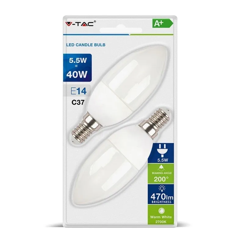 Żarówka LED V-TAC 5.5W E14 Świeczka (Blister 2szt) VT-2106-B 2700K 470LM