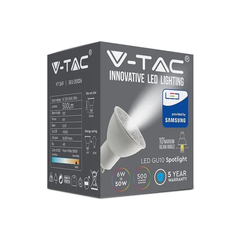 Żarówka LED V-TAC SAMSUNG CHIP GU10 6W 10ST (Wąski Kąt Światła) VT-249 6400K 500LM 5 Lat Gwarancji