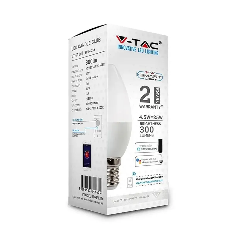 Żarówka LED Smart WI-FI V-TAC 4.5W E14 Świeczka Tuya Amazon Alexa Google Home VT-5114 RGB+2700K-6400K 300LM