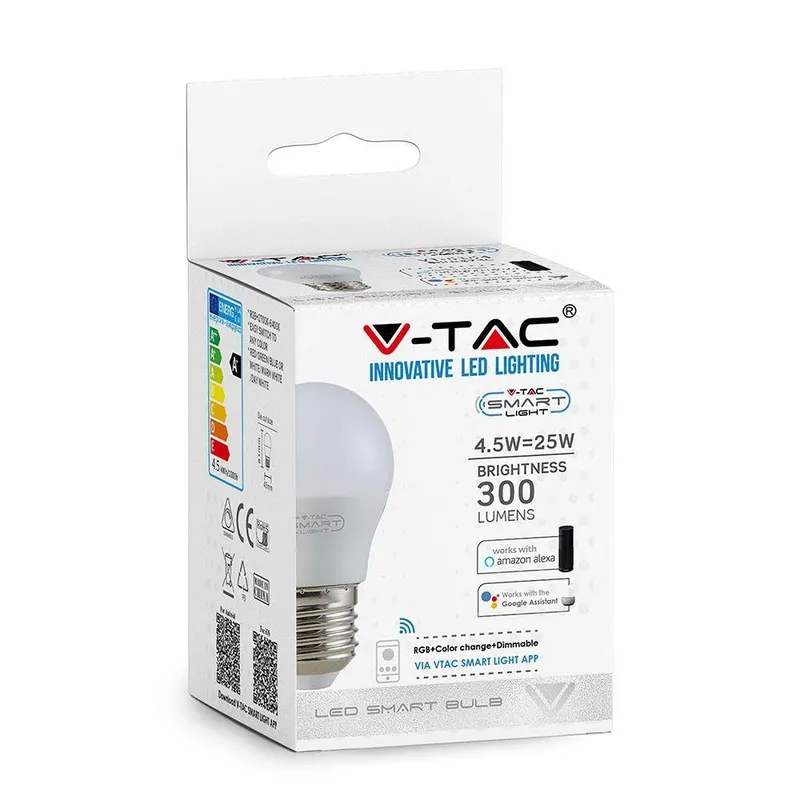 Żarówka LED Smart WI-FI V-TAC 4.5W E27 Kulka G45 Tuya Amazon Alexa Google Home VT-5124 RGB+2700K-6400K 300LM