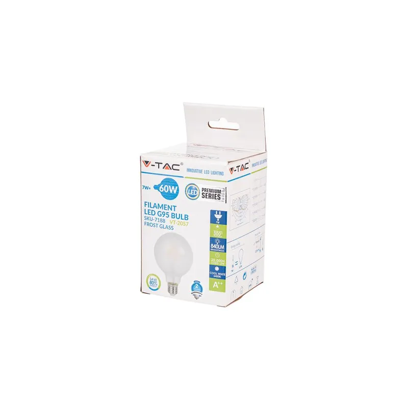 Żarówka LED V-TAC 7W Filament E27 Kula G95 Mrożona VT-2057 6400K 840LM