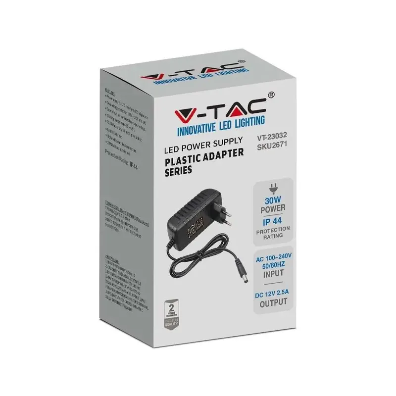 Zasilacz LED V-TAC 30W 12V Wtyczkowy 2.5A IP44 Do Gniazdka Filtr EMI VT-23032
