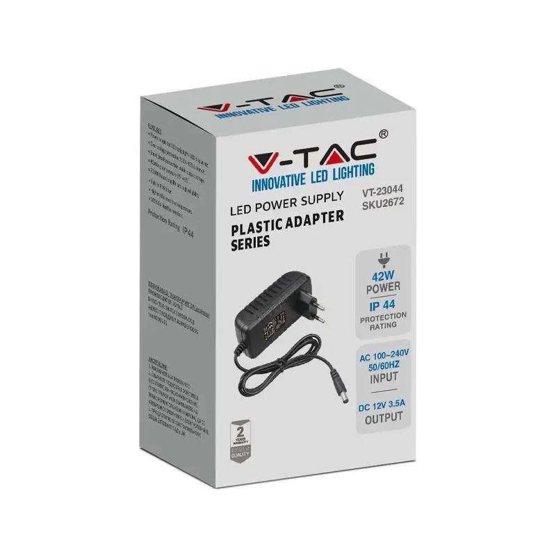 Zasilacz LED V-TAC 42W 12V Wtyczkowy 3.5A IP44 Do Gniazdka Filtr EMI VT-23044