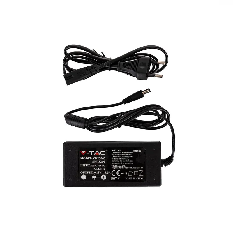 Zasilacz LED V-TAC 42W 12V 3.5A IP44 Wtyczkowy Desktop Z Przewodami VT-23043