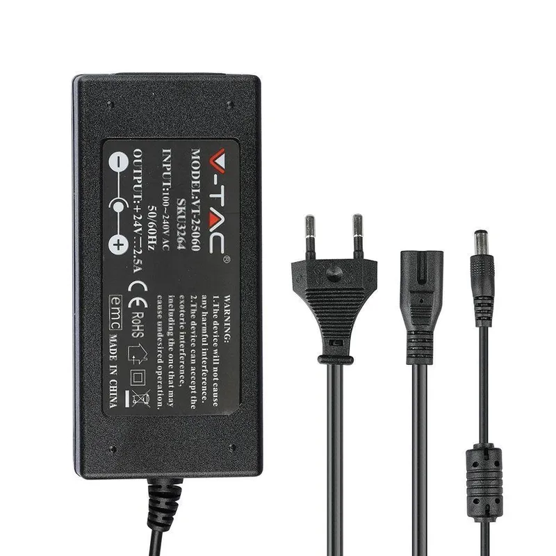 Zasilacz LED V-TAC Desktop 60W 24V 2,5A IP44 Wtyczkowy Desktop Z Przewodami VT-25060