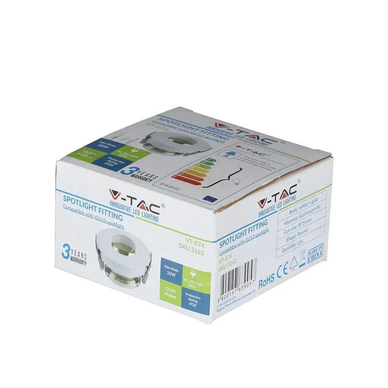 Oczko V-TAC GU10 Asymetryczne Wpuszczane Białe/Złoty Okrągłe VT-874-WG 3 Lata Gwarancji