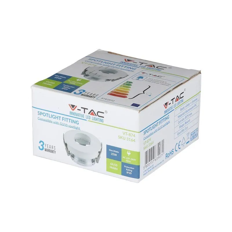 Oczko V-TAC GU10 Asymetryczne Wpuszczane Białe/Chrom Okrągłe VT-874-WC 3 Lata Gwarancji