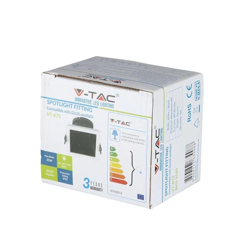 Oczko V-TAC GU10 Wpuszczane Białe/Czarne Kwadrat VT-875-WB 3 Lata Gwarancji