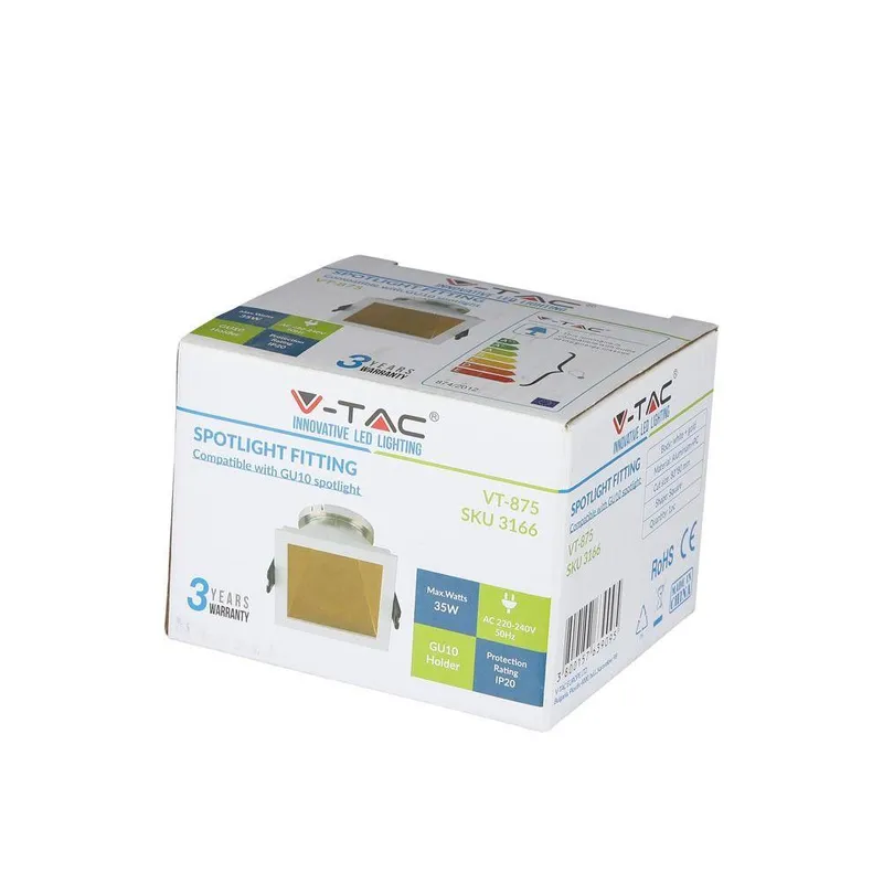 Oczko V-TAC GU10 Wpuszczane Białe/Złoty Kwadrat VT-875-WG 3 Lata Gwarancji