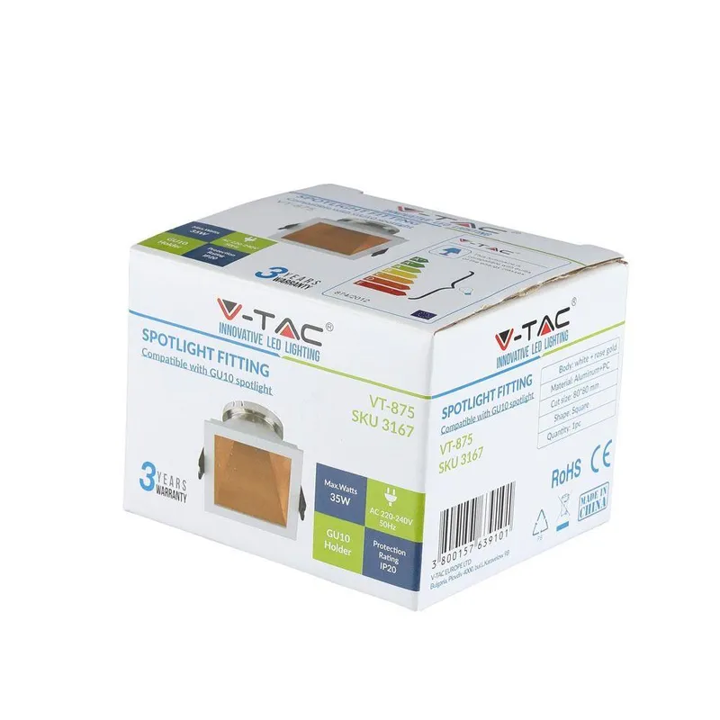Oczko V-TAC GU10 Wpuszczane Białe/Różowy Kwadrat VT-875-WR 3 Lata Gwarancji - Złoty