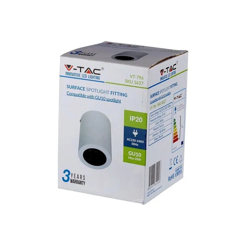 Oprawa V-TAC Aluminiowa GU10 Okrągła Natynkowa Tuba Biała+czarny 142x100 VT-796-WH