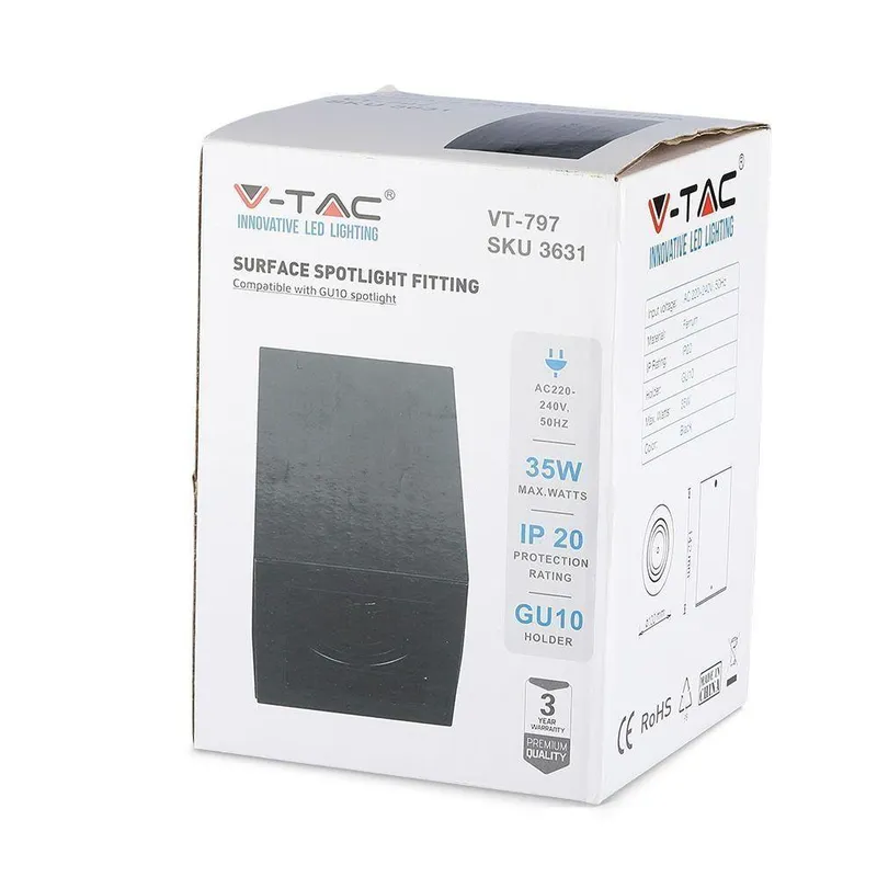 Oprawa V-TAC Aluminiowa GU10 Kostka Kwadrat Natynkowa 142x100x100 VT-797-B - Czarna