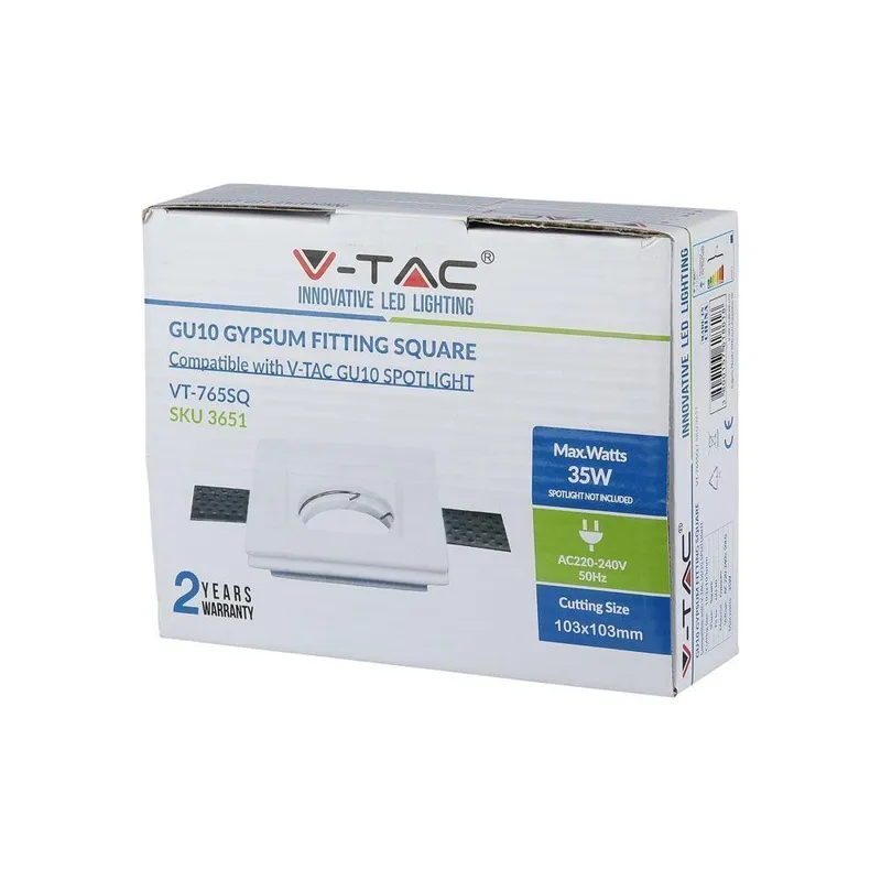 Oczko V-TAC Gips GU10 Wpuszczane Kwadrat 100x100x30 VT-765 - Białe