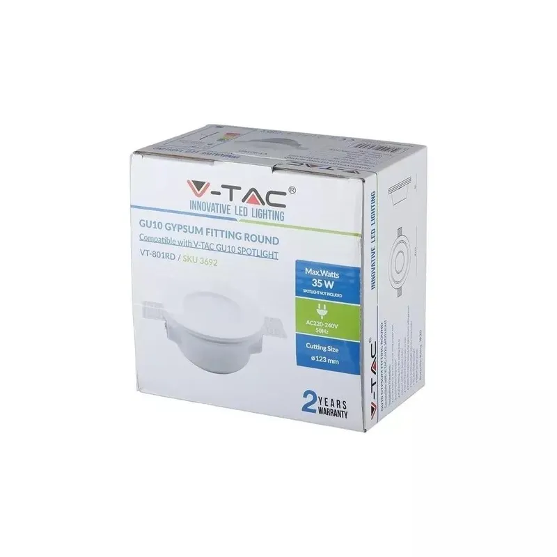 Oczko V-TAC Gips GU10 Wpuszczane Szkło Mrożone Okrągłe FI.120 VT-801SQ - Białe