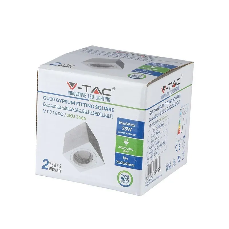 Oprawa V-TAC Gips GU10 Natynkowa Kwadrat Kostka 75x75x75mm VT-716SQ - Biała
