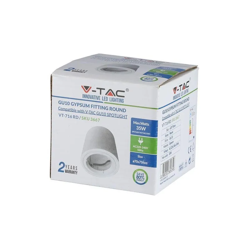 Oprawa V-TAC Gips GU10 Natynkowa Tuba Okrągła 75x75mm VT-716RD - Biała