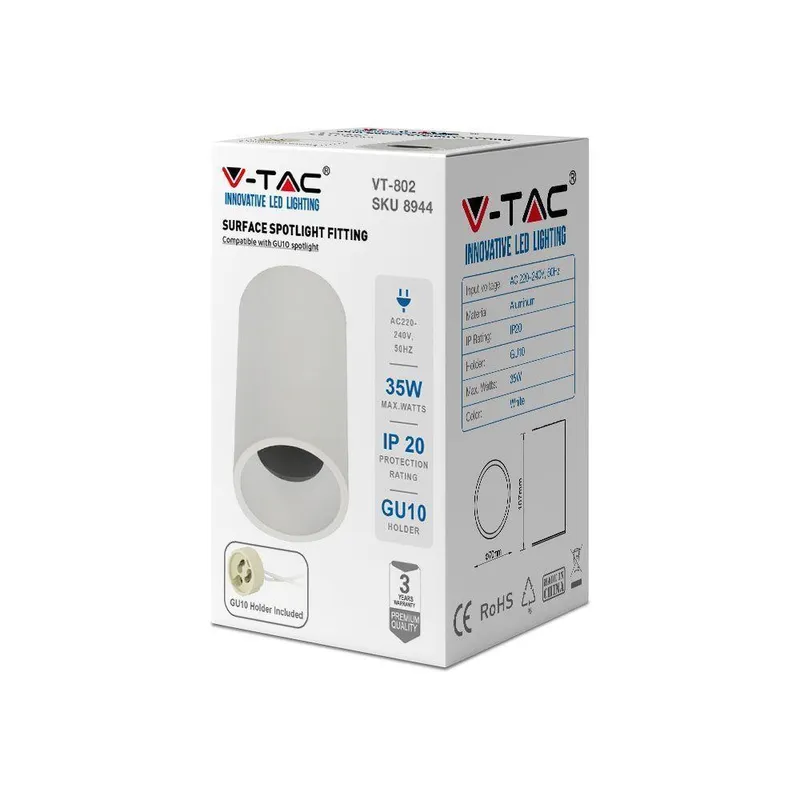Oprawa V-TAC Aluminiowa GU10 Okrągła Natynkowa Tuba 70x107mm VT-802-W 3 Lata Gwarancji - Biała