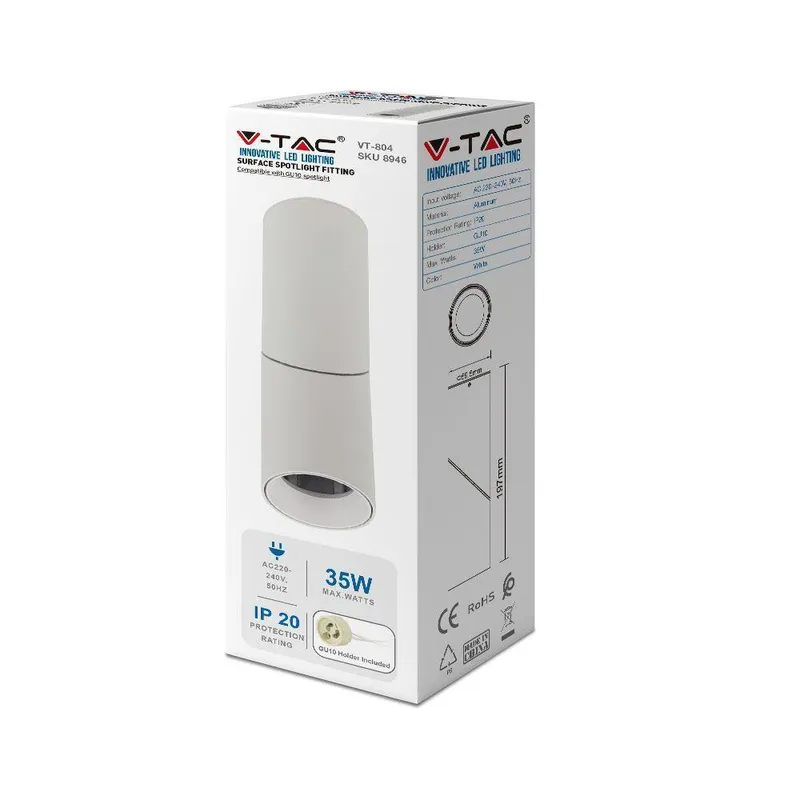 Oprawa V-TAC Aluminiowa GU10 Okrągła Natynkowa Tuba VT-804 3 Lata Gwarancji - Biała